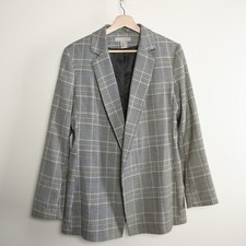 H M Women s 12 Light Gray Plaid W/Black Satin Lining Long Sleeve Suit Blazer