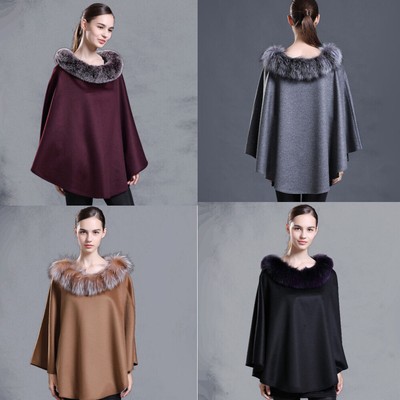 Real Cashmere Cape Pullover Poncho Wraps Fox Fur Collar Cloak Coat For Party