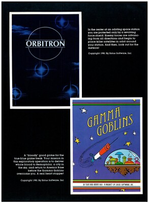 PRINT AD, 1981 Sirius Software 80's Computer Games Orbitron & Gamma Goblins