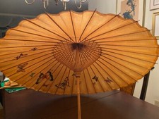 VTG Chinese Bamboo Rice Paper Umbrella-Hand Painted Butterflies-Wood Handle-26"