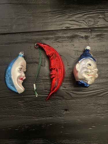 Vintage Set Department 56 Mercury Glass RED MOON Face Ornament 5”