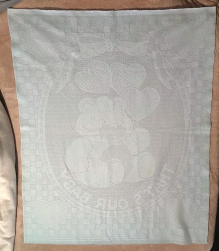 Arazzo tessuto orsacchiotto vintage coperta bambino lancio blu pastello e bianco 46 x 37 - Foto 3 di 3