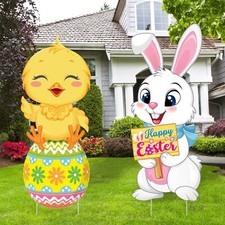 2 Pack Easter Yard Signs Cute Bunnies Chick Outdoor Lawn Decorations Easter E...