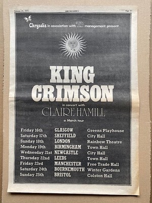KING CRIMSON 1973 UK TOUR (A) POSTER SIZED original music press advert  from 197