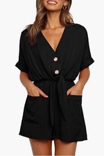 Women's Black Short Sleeve Tie Front Romper Pockets Sz L