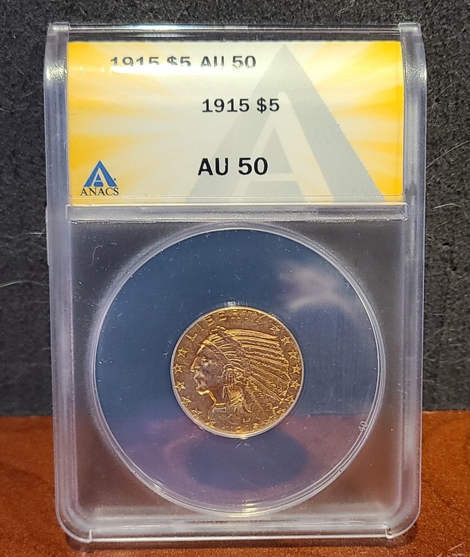 1915 $5 Indian Head Gold Half Eagle ANACS AU50 Certified Pre-1933 Gold Coin