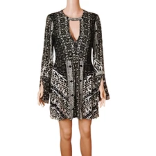 Free People Tegan Mini Dress 4 Black & White Color Block Split Bell Sleeve