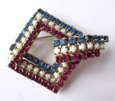 Vintage Rhinestone Pin Blue White Pink Unique Shape 3D Unsigned Beauty ...
