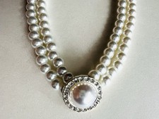Double Pearl Necklace Statement Choker with Rhinestone Centerpiece