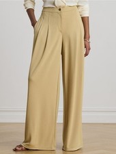 Lauren Ralph Lauren Tan Wide-Leg Pleated Trouser Pants Jersey Stretch New