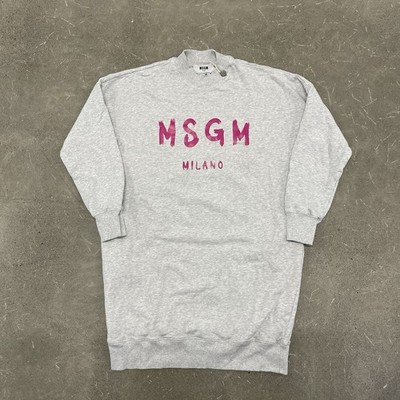 MSGM Milano Italy White Logo Cotton Sweater Sweatshirt Dress Pockets Sz M