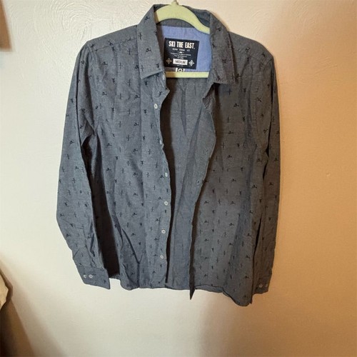 Ski The East Men's Gray Ski Print Button-Up Shirt Size M Long Sleeve