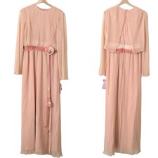 VTG 1960's Dress Miss Elliette Pink Chiffon Pleated Long Sleeve Maxi Size 14 NEW