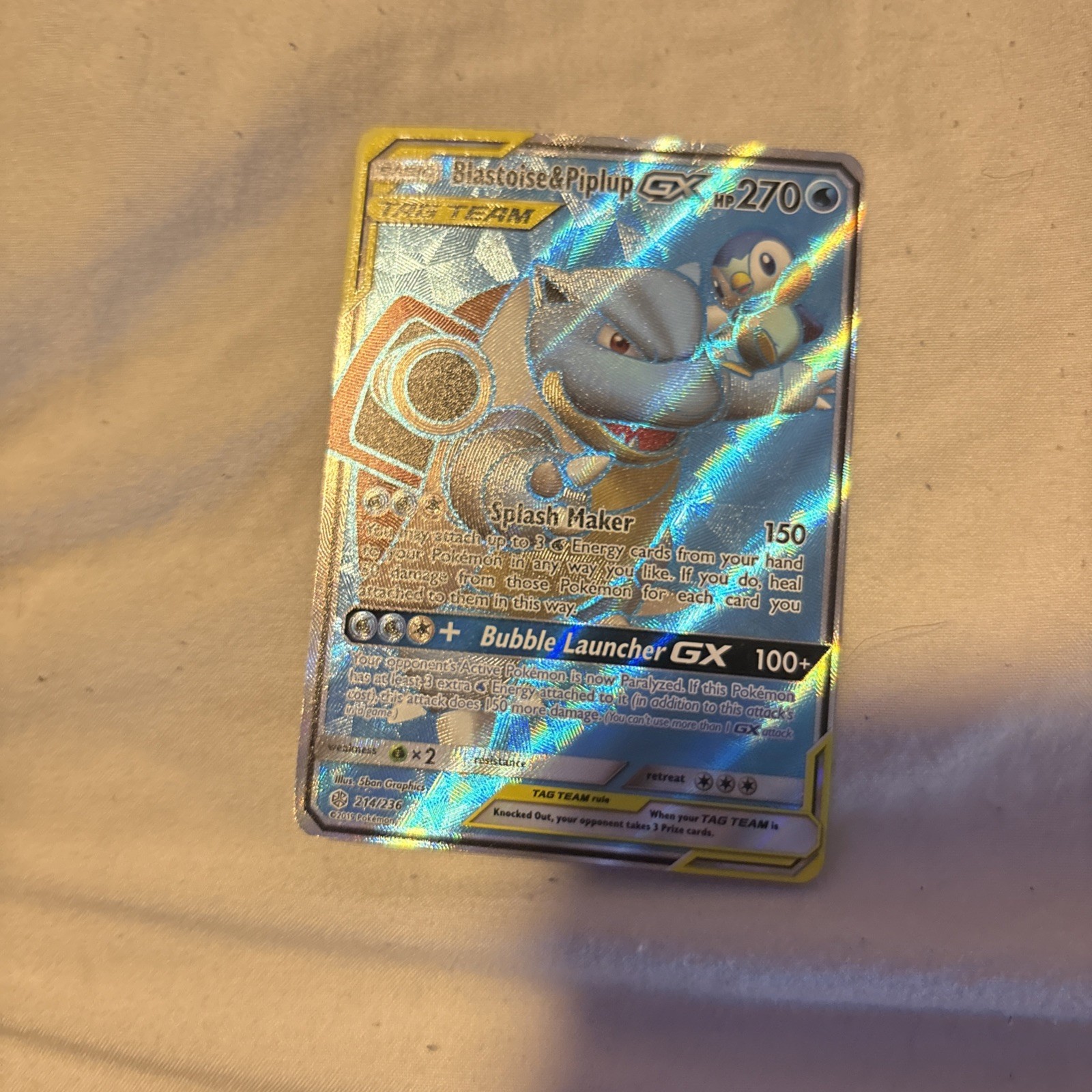 Pokemon Cosmic Eclipse Blastoise and Piplup GX Full Art 214/236 Mint Condition