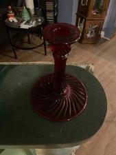 vintage ruby red glass candlestick holder W/swirl or optic twist pattern