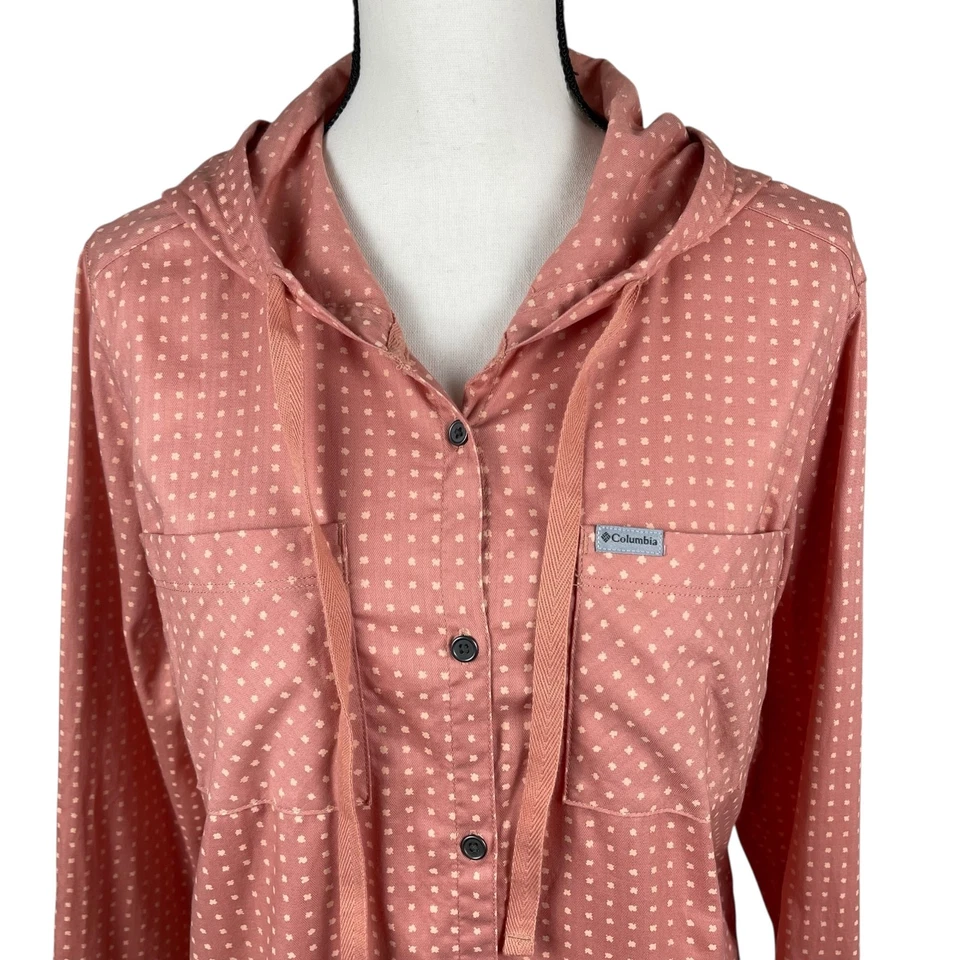 Женская рубашка Columbia средний размер коралл персиковый с капюшоном рулон вкладка рукав в горошек топ - Изображение 3 из 4
