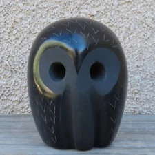 Native American-Santa Clara  Black Pottery Owl w/Etched Turtle-Merton Sisneros