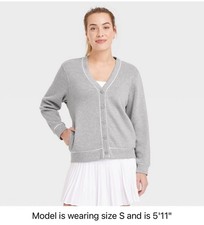 NWOT All In Motion Heather Grey Women s Vneck Button Up Cardigan White Piping L