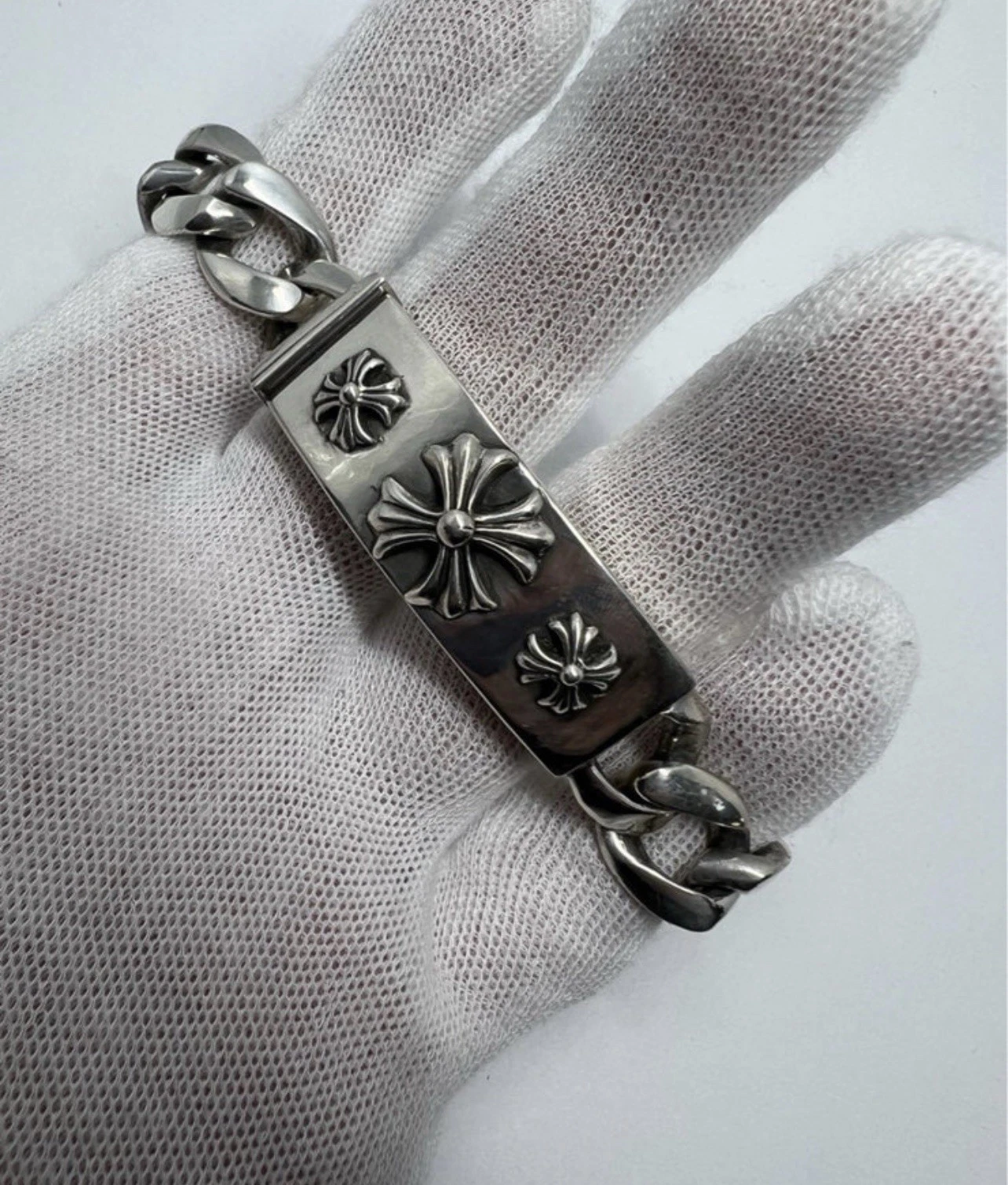 CHROME HEARTS Autentico Bracciale Cubano Cuori Cromati Tripla Croce ID Argento Sterling