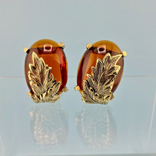 Vintage Whiting and Davis Glass Clip On Earrings Faux Amber Cabochon Golden Leaf