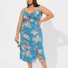 Torrid Dress Womens 5X 28 Blue Floral Tea Length Stretch Challis Slit Dress NWT