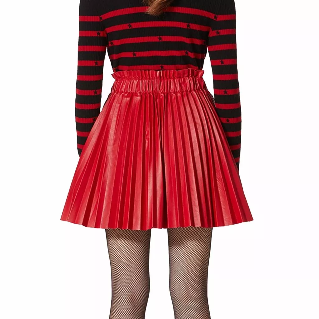Cherry Red Elastic Waistband And Ruffle Pleated Leather Skirt