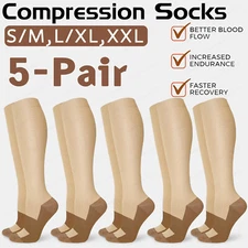 5 Pairs Copper Compression Socks 20-30mmHg Graduated Support Mens Womens S/M-XXL