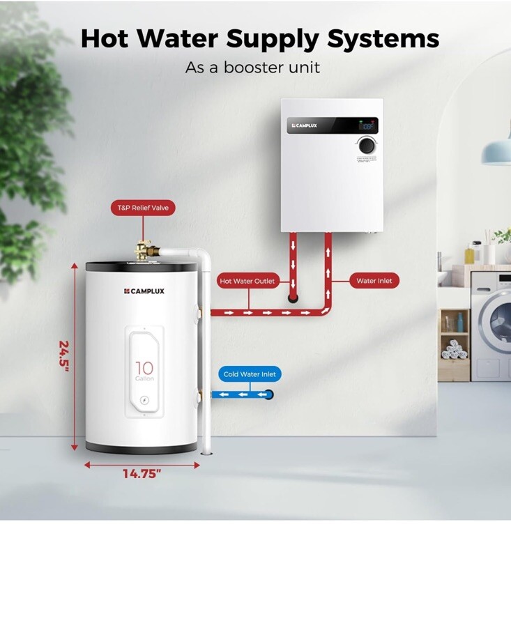 Camplux Electric Water Heater 10 Gallon Tank Storage Instant Hot Whole