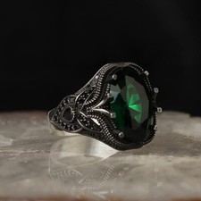 Simulated Emerald Stone Men Silver Ring, Handmade Sterling Silver Turkish Ring