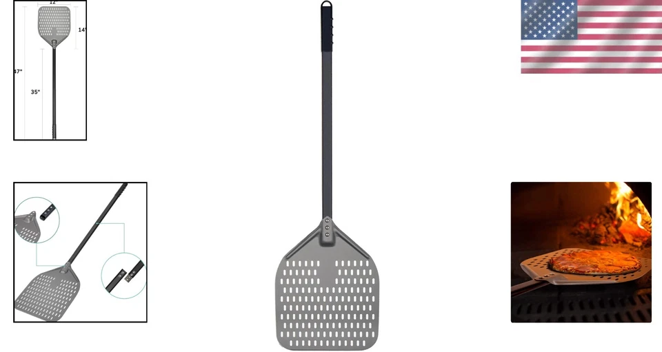 Cáscara de pizza de aluminio perforada de 47" con mango largo de silicona para hornear con estilo Foto 2 de 4