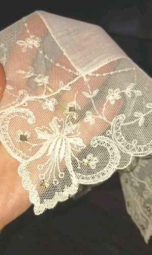 Vtg Wedding Hankie French Zone Austria Handkerchief Fancy Lace Rhinestones MWT - Picture 9 of 13