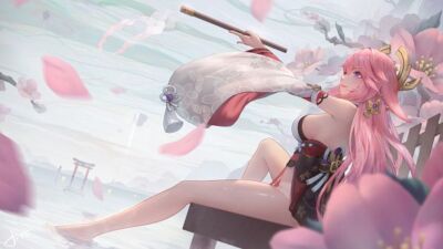 Anime yae miko soaking feet jaychau genshin impact Stitched Gaming Mat Desk