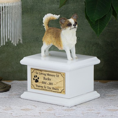 Solid Wood Dog White Cremation Urn Casket Chihuahua Long Hair