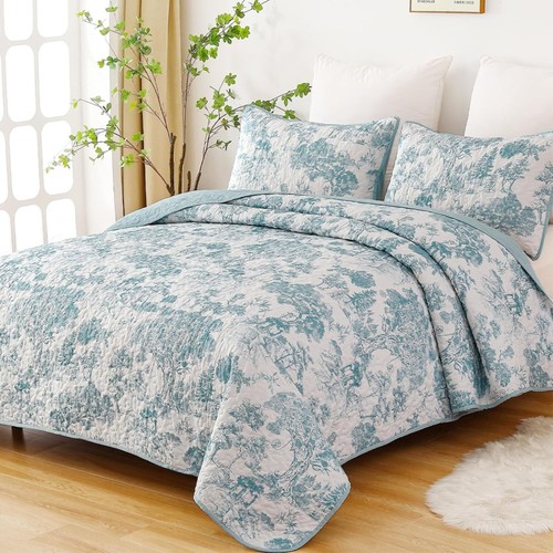 WONGS Queen 3-Pc Botanical Quilt Set-Toile Floral Microfiber Coverlet All Season - Picture 57 of 103