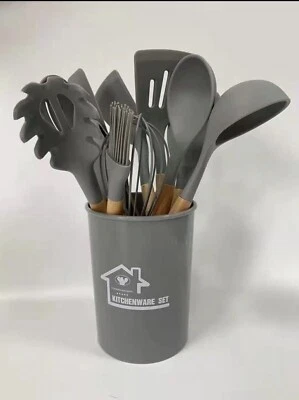 SET MESTOLI CUCINA 11 UTENSILI IN SILICONE GRIGIO MANICO DI LEGNO ANTIADERENTE