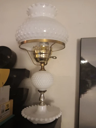 Vintage Hobnail Milk Glass Hurricane Lamp With White Milk Glass Shade.
