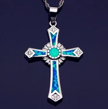 Opal Cross Pendant Necklace Christian Jewelry for Men Women with Chain Gift