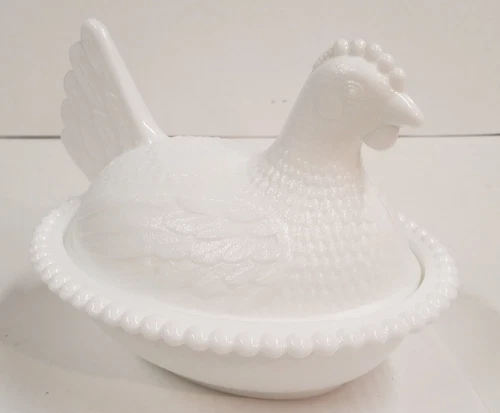 Vintage Milk Glass Hen on Nest covered Candy Dish 5 inch T x 7 inch L