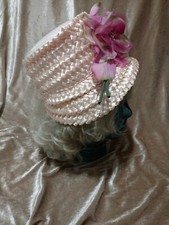 Vintage Straw Hat 1950's-60's pink satin with fushia flowers