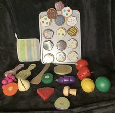 Wooden Play Food w/ attachments- Cookies, Fruits, Segmented Veggies- Super Cute 