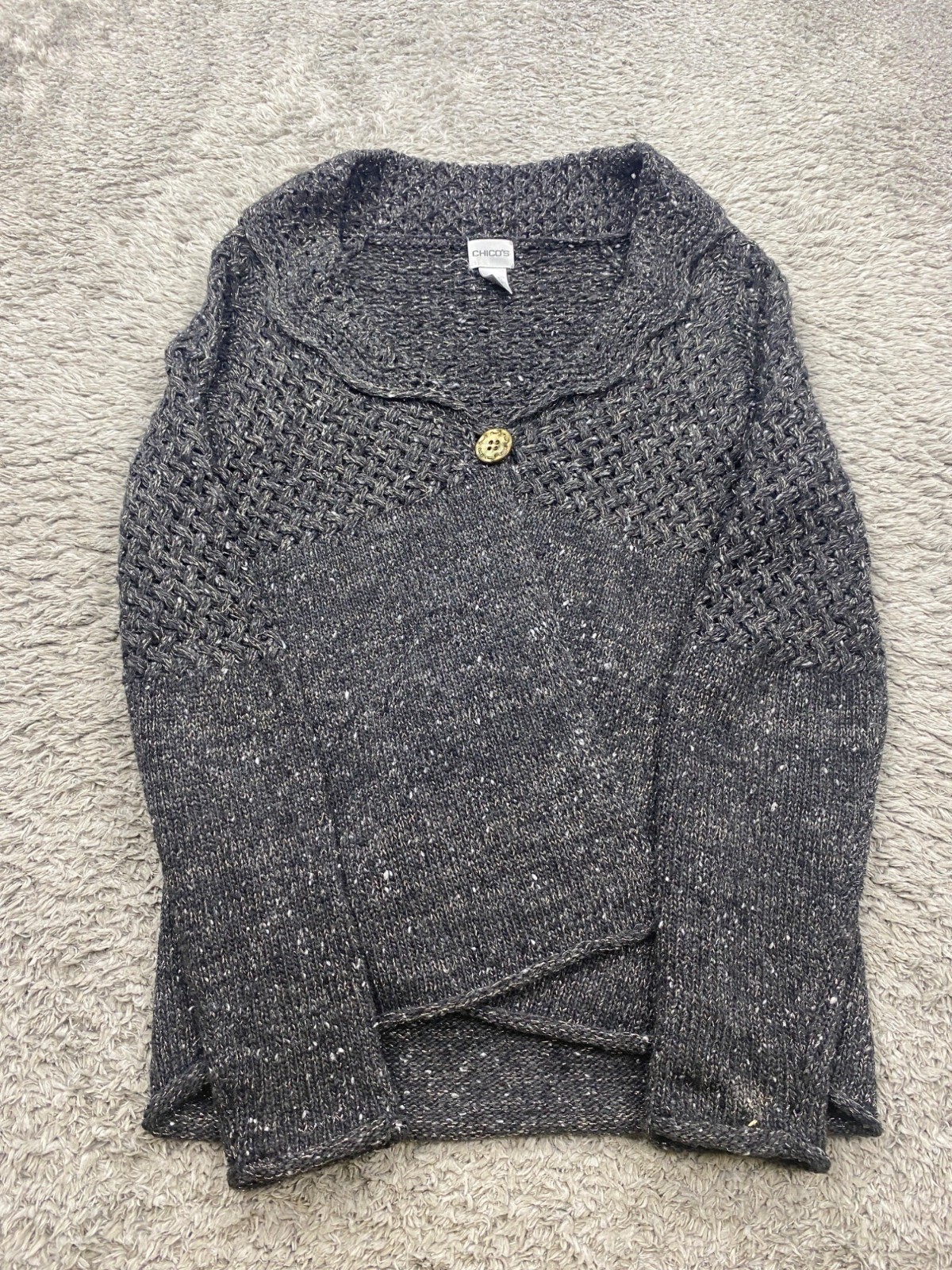 Chicos Sweater Women 1 Medium Gray Wool Metallic Flecked Crochet Knit Cardigan