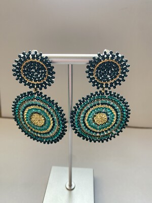 OHRSTECKER DUNKELGRÜN BLAU & GOLD / DAMENMODE / Handarbeit