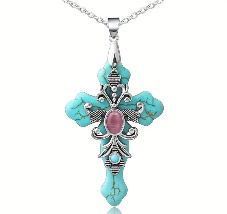 Colar pingente cruz indígena nativo com turquesa reconstruída e corrente 23" - Imagem 4 de 4