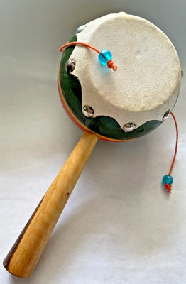 Vintage Mexican Hand Drum Toy Leather Spin Rattle Epcot Disney Folk Instrument