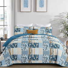 Quilt Set Queen Size Blue, 3 Pieces Summer Patchwork Plaid Bedspread Coverlet Se