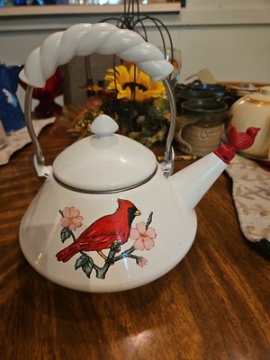 Red Cardinal Pink Flower White Enamel Metal Tea Pot Kettle Bird With Bird Whistl