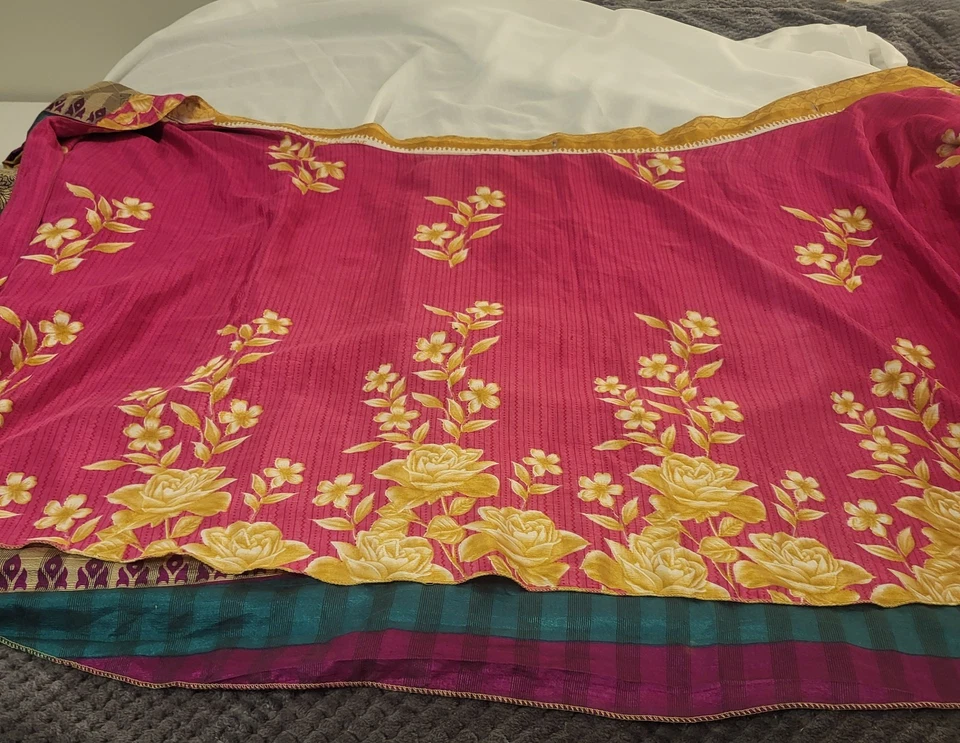 Maxi Falda Estilo Sari Envolvente Seda Reversible Talla Única Rosa Floral, Estampado Marrón Foto 3 de 4