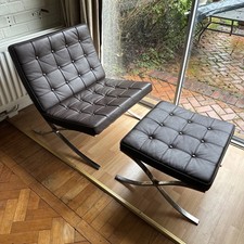 Barcelona Style Chair And Stool. Brown Leather