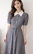 LK Bennett Monica Navy & Cream Check Print Midi Dress Size 8 UK BNWT