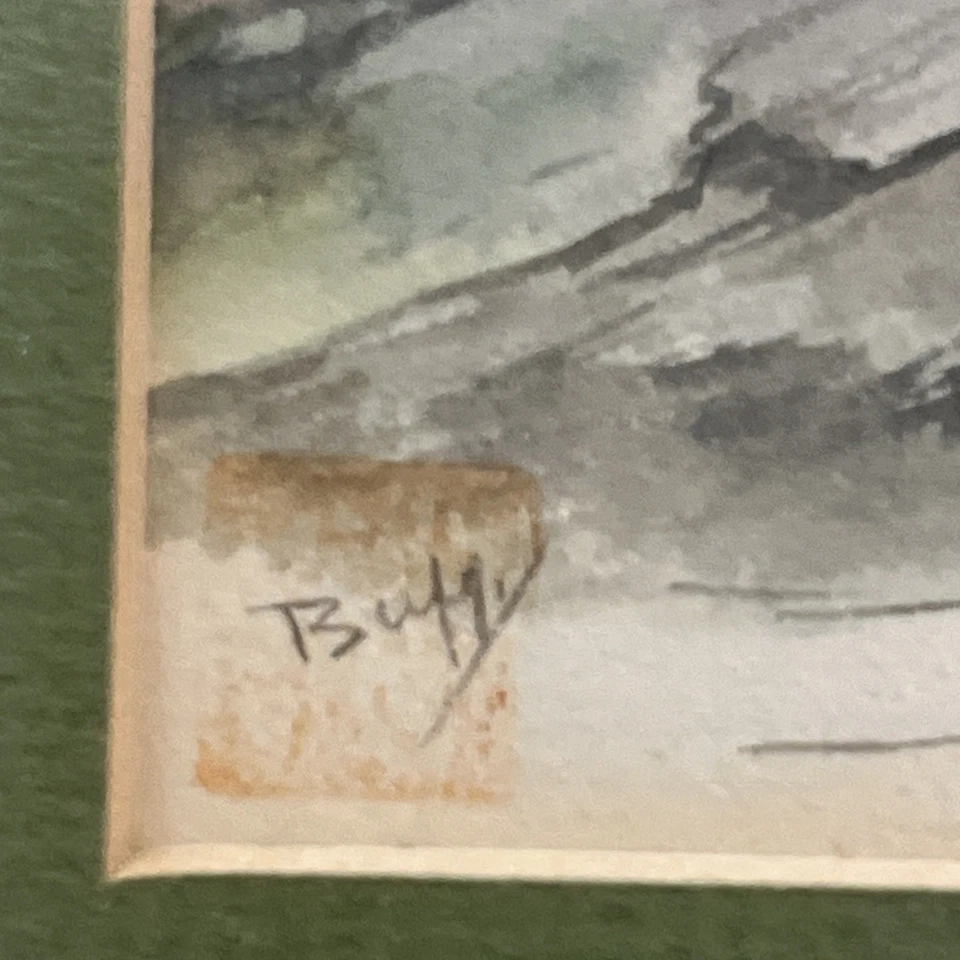 Juego de (2) pinturas originales vintage de paisaje acuarela años 70 y pájaros azules Foto 4 de 4